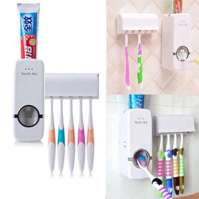 Tooth Paste Dispenser With 5 Brush Holder Wall Mounted Automatic Hands Free Toothpaste Dispenser